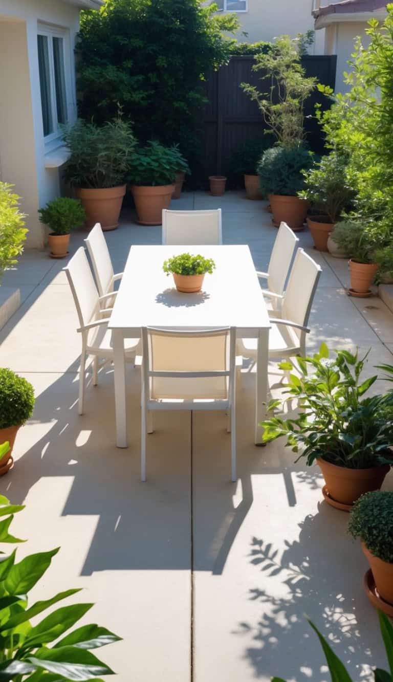A sunlit patio with a white outdoor dining table surrounded by six matching chairs, all set amidst various potted green plants and foliage.