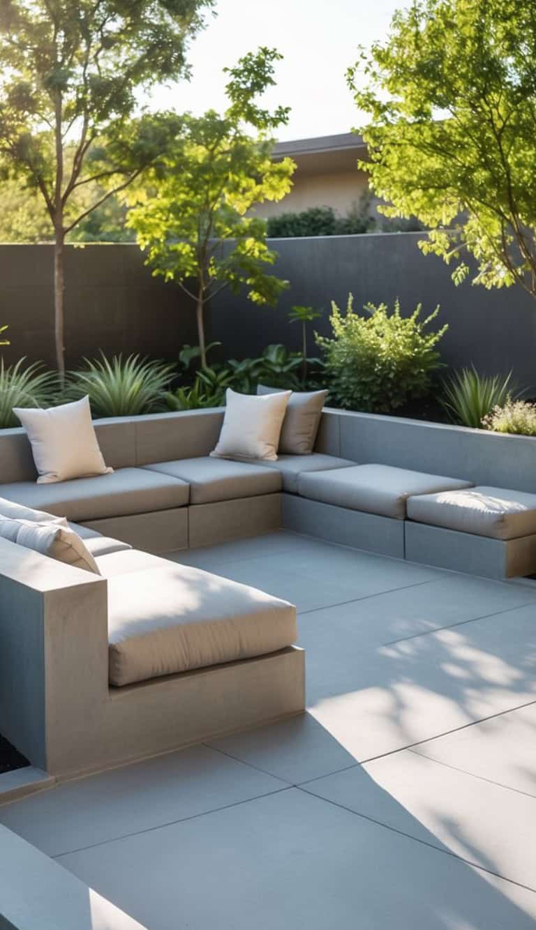 A modern outdoor patio with a U-shaped sofa accented by white cushions, surrounded by green plants and trees, set against a modern grey wall with a clear sky above.