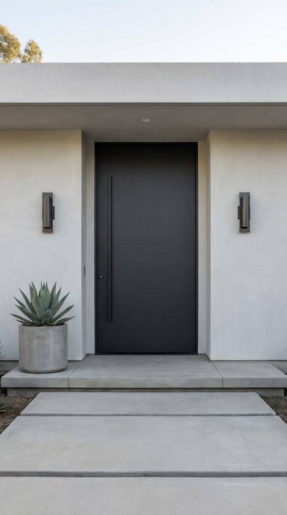 Desert modern front entrance idea featuring black slab door, vertical handle, stucco facade, floating concrete steps, and minimalist wall lighting.