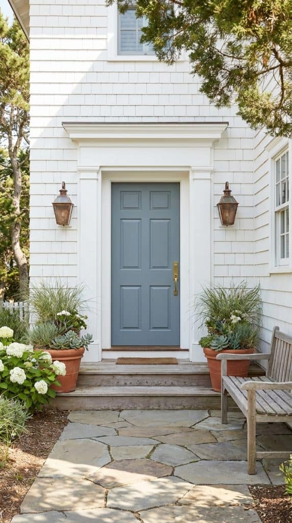 Shingle-style front entrance idea with soft blue door, white shake siding, brass hardware, large clay planters, and stone pathway.