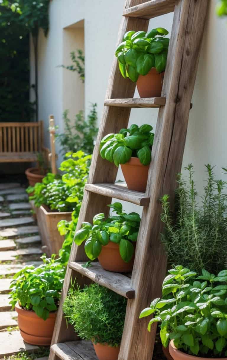 A wooden ladder leaning against a wall with terracotta pots containing basil and other herbs on the steps, surrounded by more potted plants and a garden bench in the background.