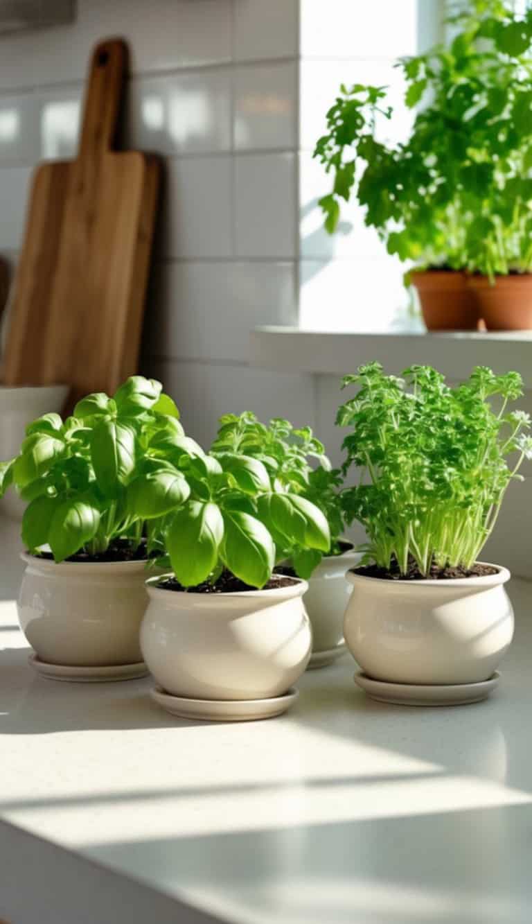 Potted basil and parsley plants on a sunlit kitchen countertop next to a wooden cutting board.