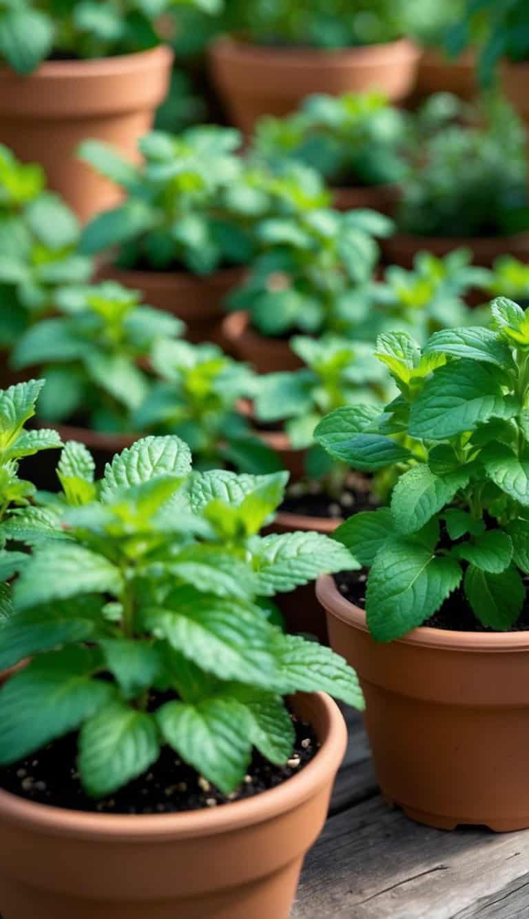 Several potted mint plants with vibrant green leaves placed on a wooden surface.