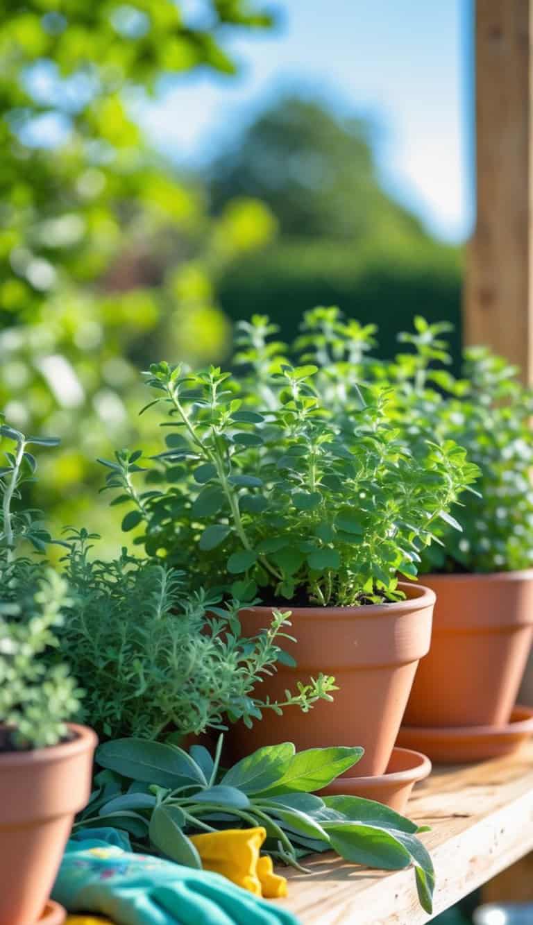 Potted herbs in terracotta pots on a wooden table with garden gloves nearby, set outdoors in a sunny garden.