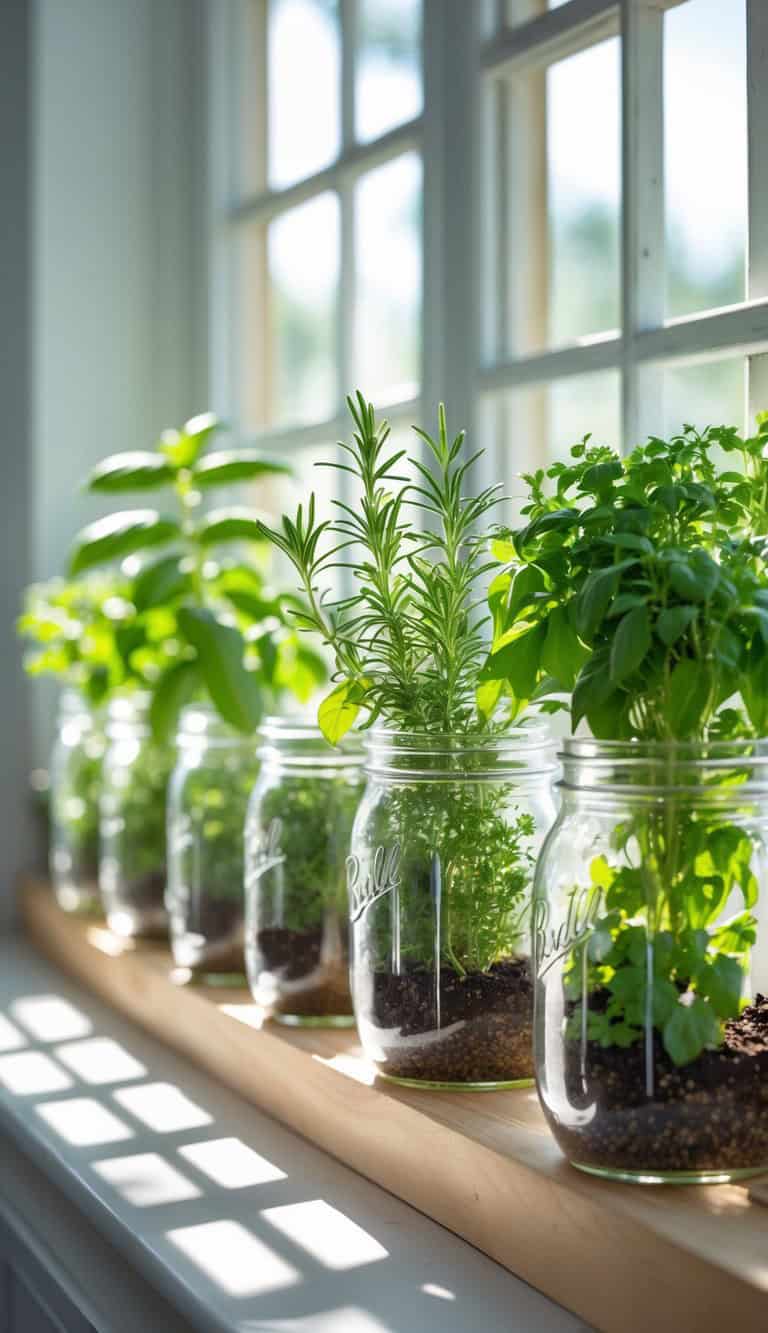 A row of herb plants, including basil and rosemary, growing in glass jars with soil on a sunlit windowsill.