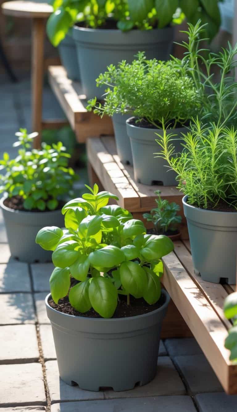 Potted herbs including basil, rosemary, and thyme placed on a multi-level wooden stand on a patio, with bright sunlight illuminating the green leaves.