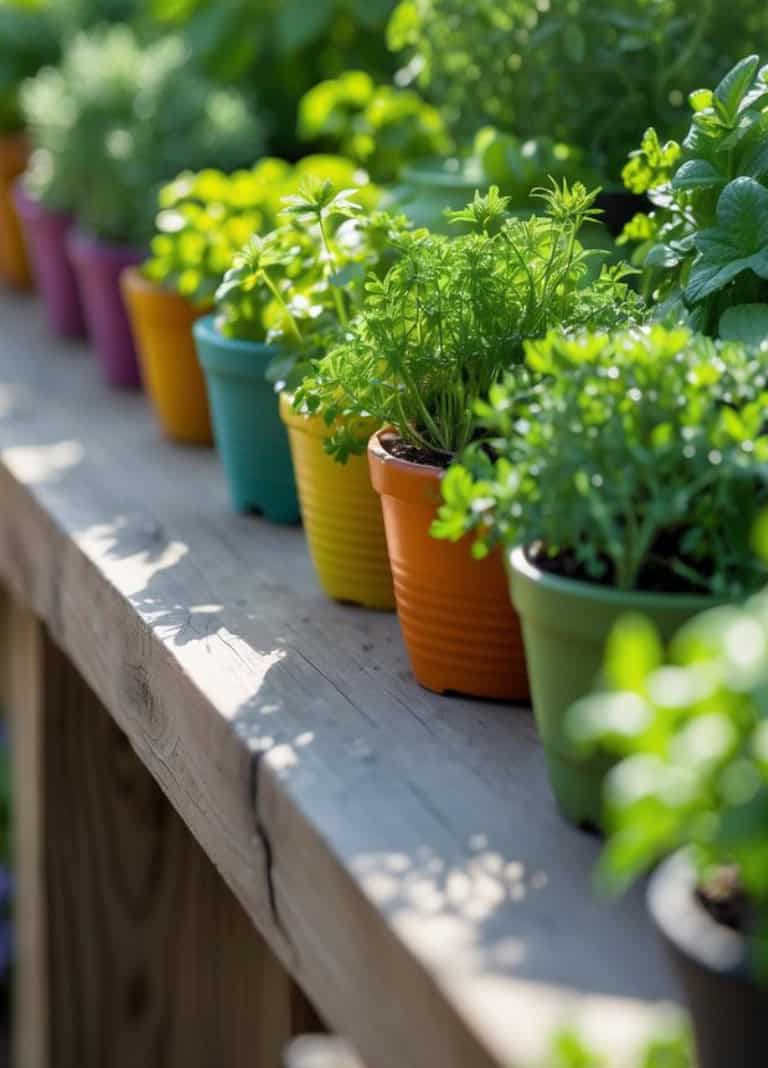 A row of colorful pots containing various green plants placed on a wooden outdoor shelf, with vibrant sunlight illuminating the scene.