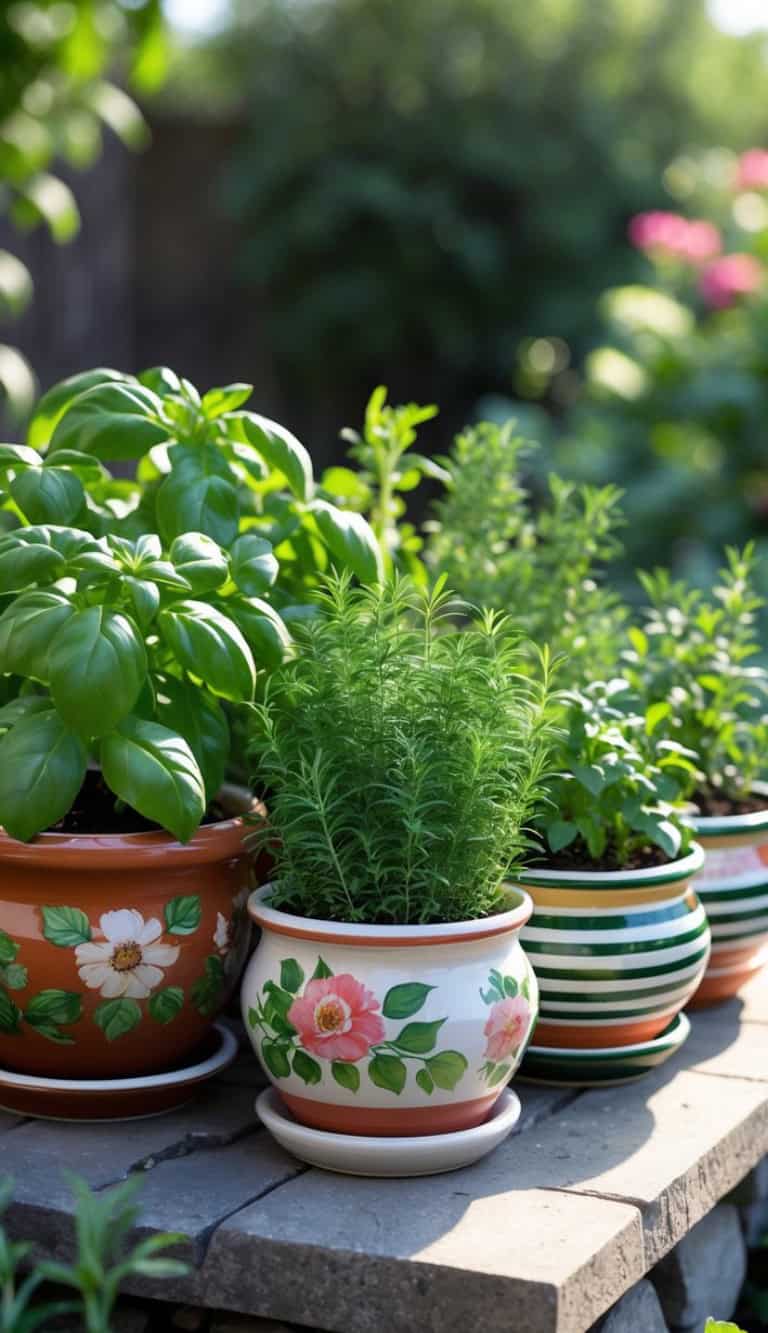 A row of potted herbs including basil and rosemary, in colorful ceramic pots with floral designs, placed on a stone ledge in a garden setting.