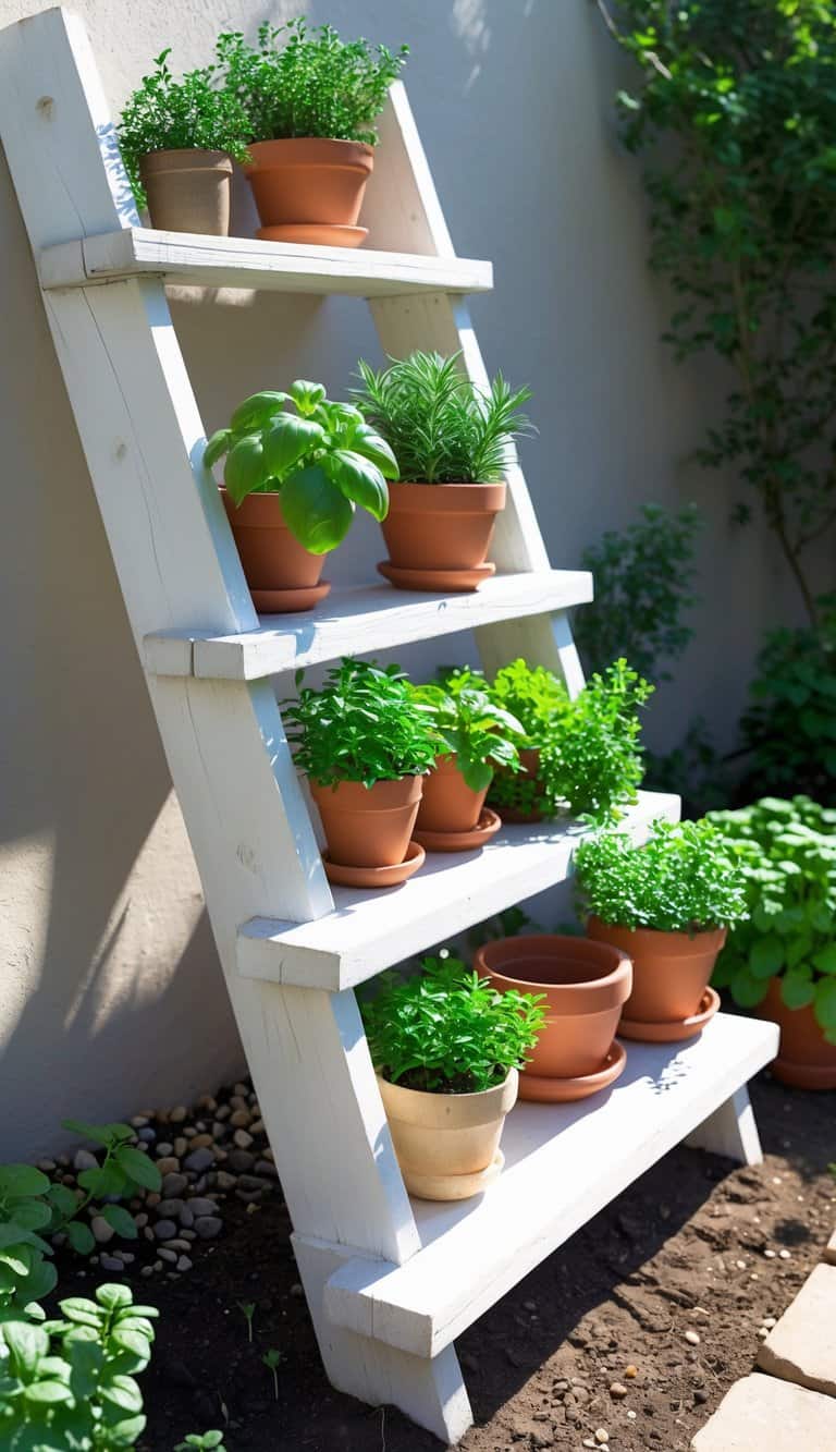 A white wooden ladder-style shelf holding several terracotta pots with different herbs, placed in a sunny garden corner.