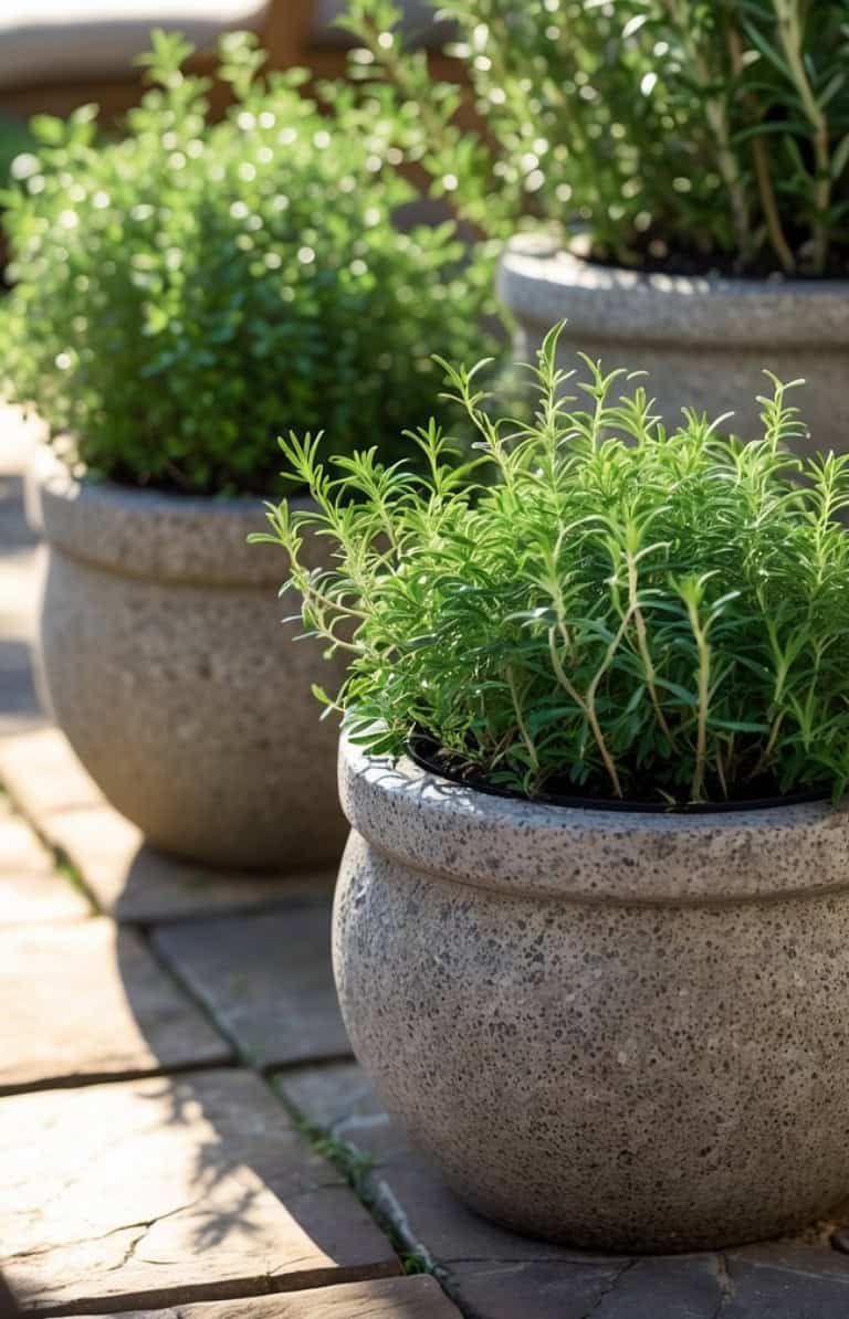 Close-up of potted green plants in textured stone pots on a patio, with sunlight illuminating the leaves.