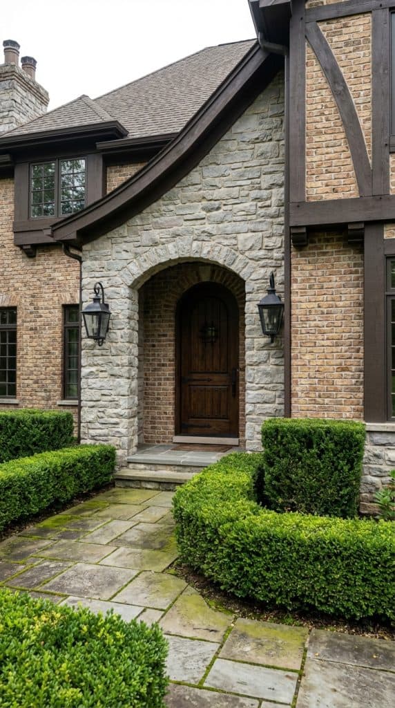 Tudor Revival front entrance idea with limestone arch, wood plank door, brick and timber facade, black lantern sconces, boxwood hedges, and stone paver walkway.