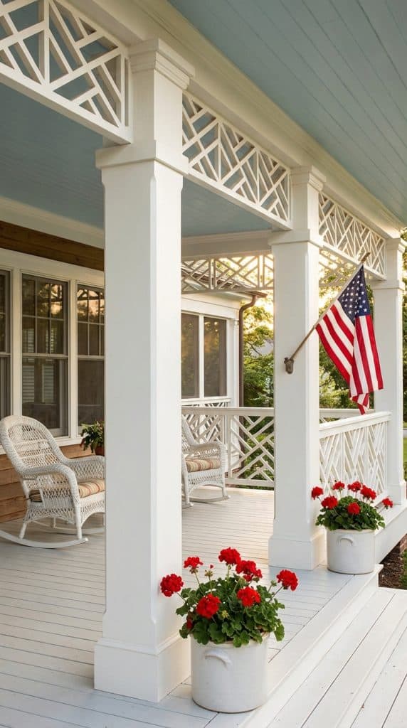 White farmhouse porch columns with decorative lattice trim beneath a blue beadboard ceiling and wicker seating.