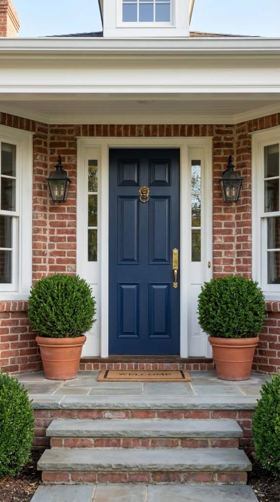 Colonial-inspired front entrance idea with blue six-panel door, brass hardware, brick facade, white trim, lantern lights, and symmetrical potted shrubs.