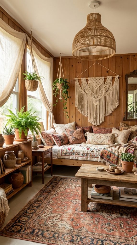 Rustic she shed idea featuring pine walls, hanging plants, macramé decor, and layered patterned rugs.