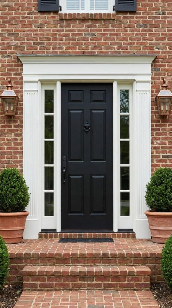 Colonial front entrance idea with black six-panel door, fluted white pilasters, brick facade, copper lantern sconces, brick steps, and potted boxwoods.