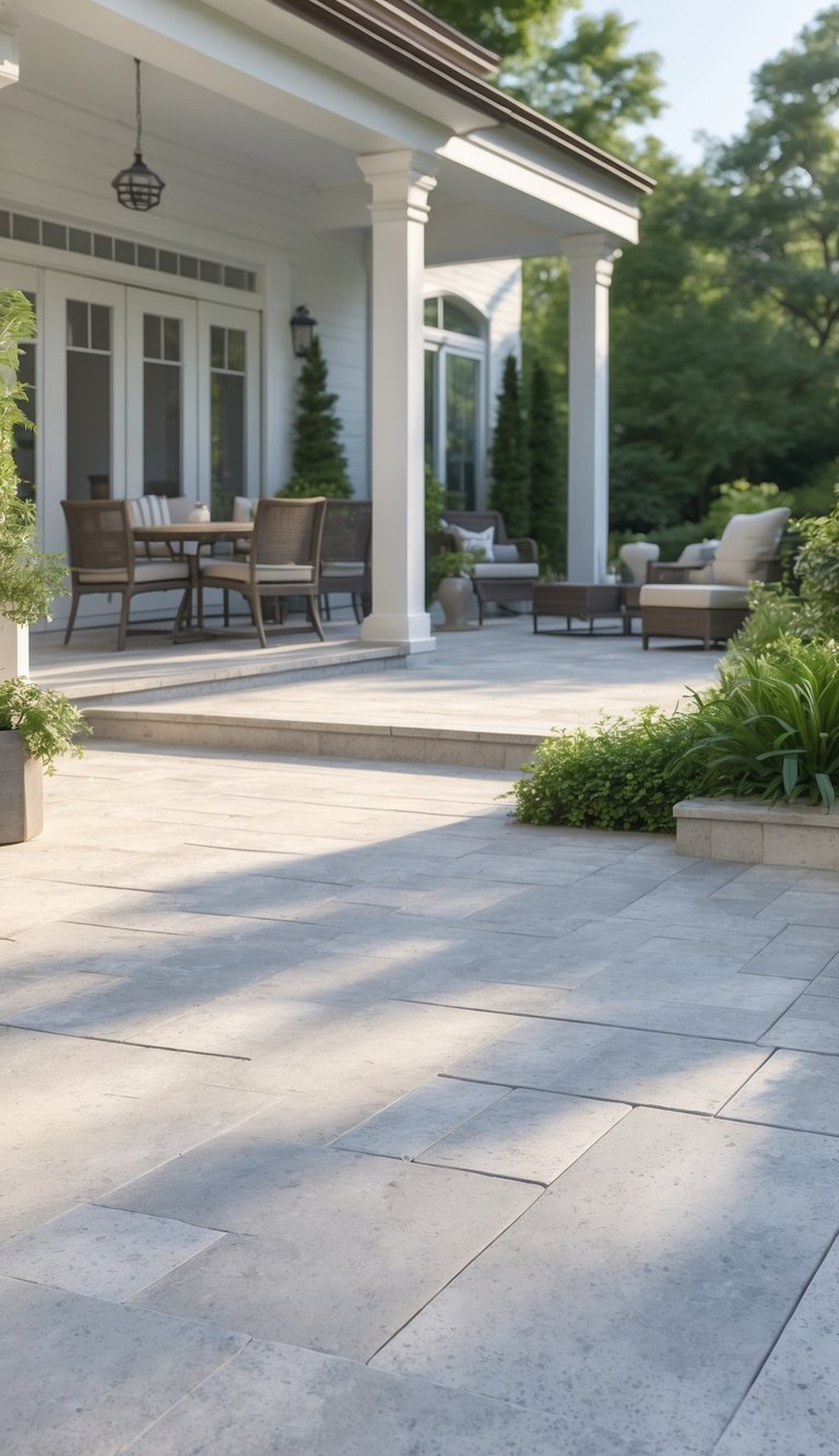 A sunlit patio with light stone tiles, featuring a covered seating area with a round table and chairs, alongside potted plants and greenery.
