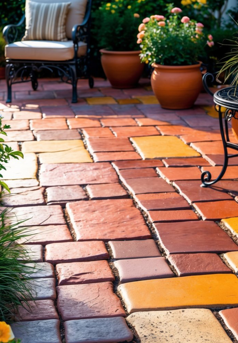 A colorful patio area with red, orange, and yellow paving stones, surrounded by potted plants and outdoor furniture with metal frames.