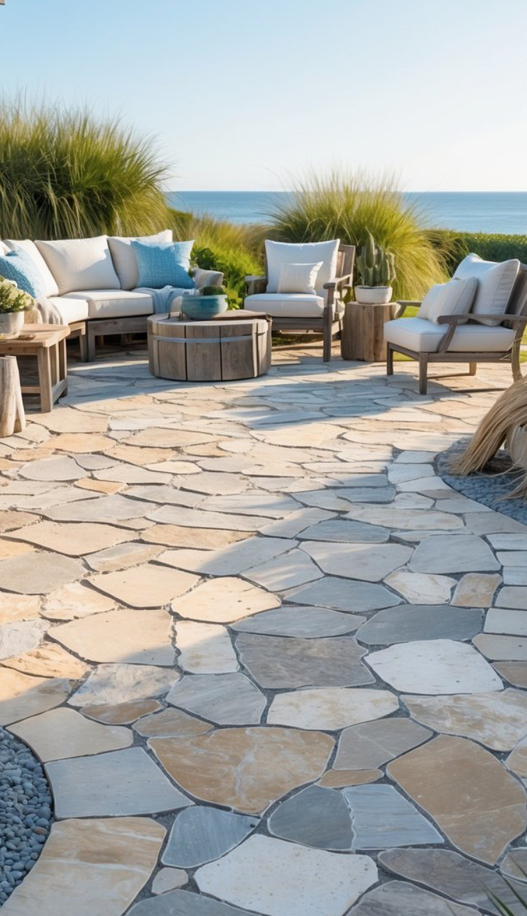 Outdoor patio with stone flooring, featuring a seating area with sofas and chairs adorned with blue and white cushions, surrounded by greenery and a view of the ocean.