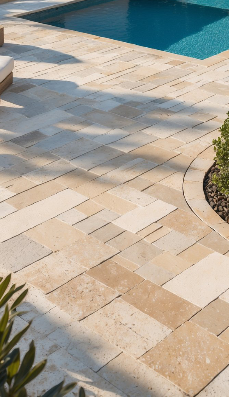 A sunlit patio area with beige stone tiles next to a swimming pool and a small circular planter with green plants.