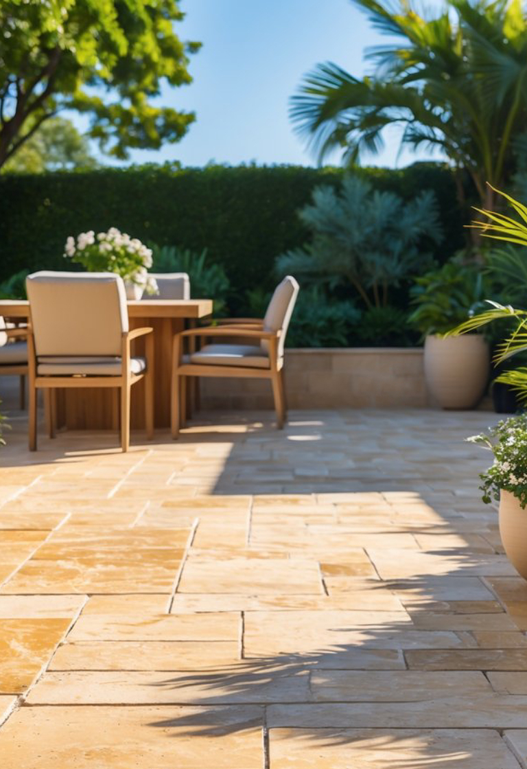 A sunlit patio with beige stone tiles, featuring a wooden outdoor dining set with cushioned chairs. The patio is surrounded by lush green plants and trees, creating a serene garden atmosphere.