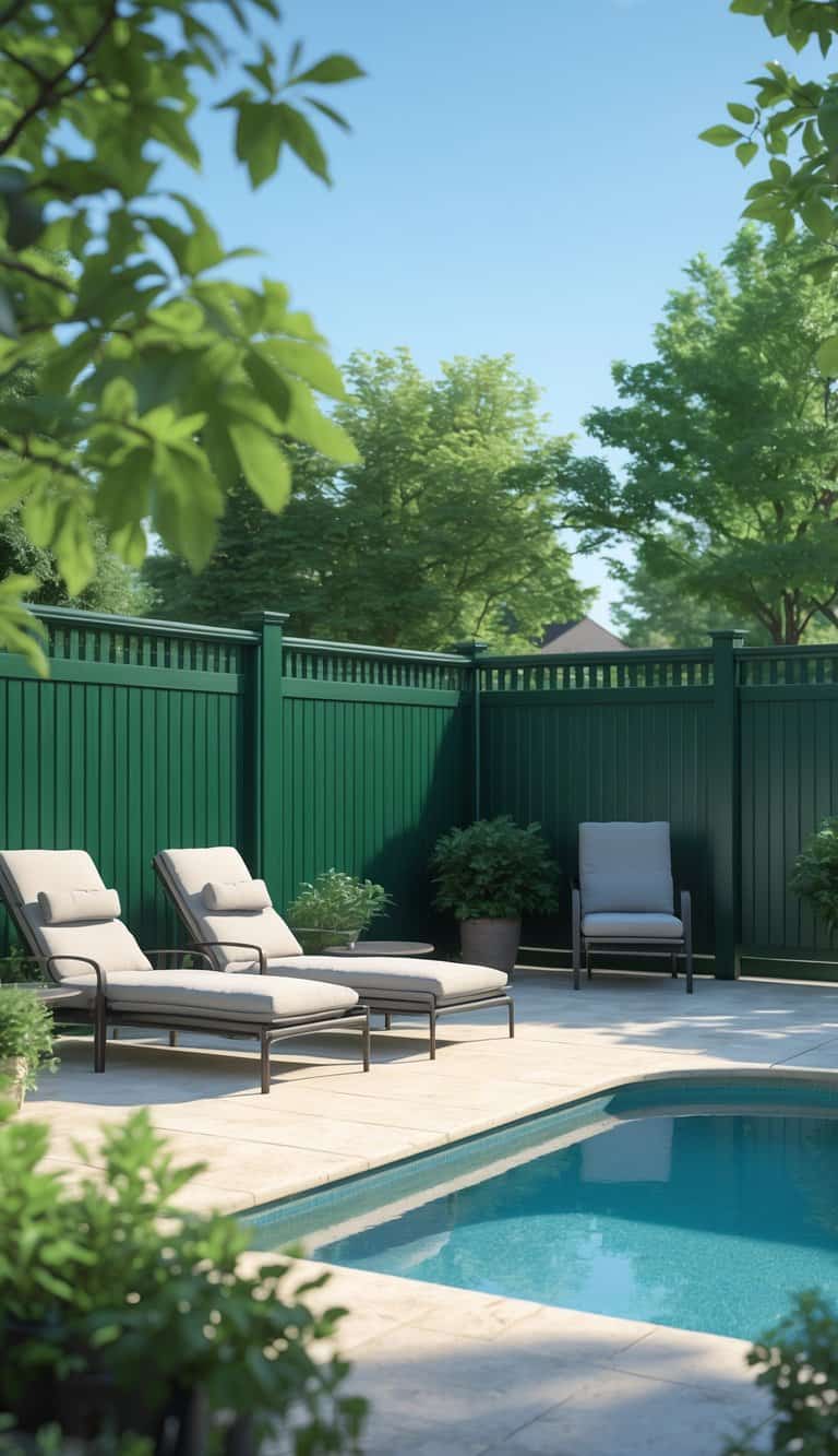 A serene outdoor pool area featuring two cushioned lounge chairs, surrounded by lush greenery and enclosed by a tall, green privacy fence.
