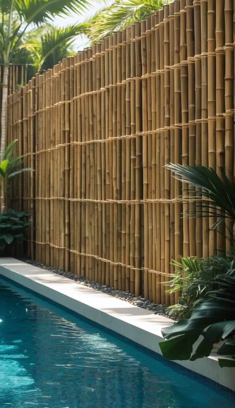 A tropical scene featuring a swimming pool next to a tall bamboo fence, with lush green palm leaves providing additional greenery and shade.