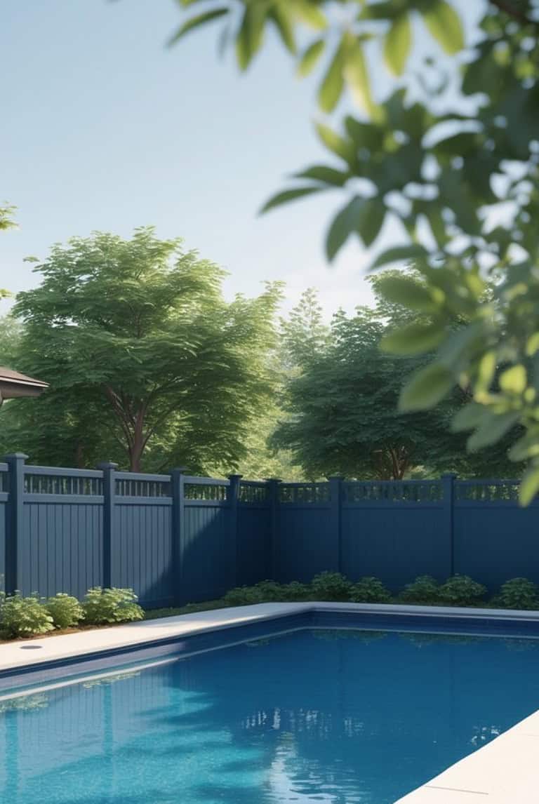 A backyard view with a blue swimming pool, surrounded by blue fencing and lush green trees in the background under a clear sky.