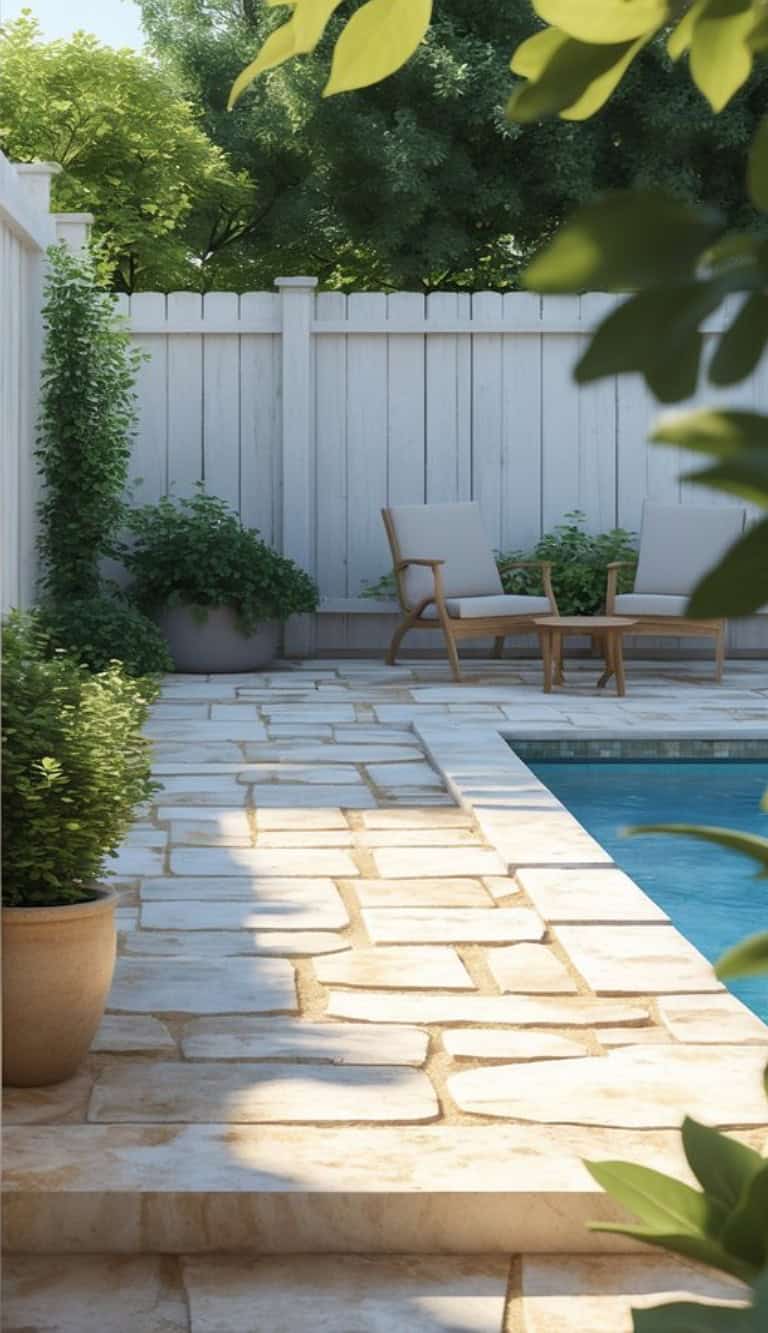 A backyard patio with a stone pathway leading to a small pool, surrounded by greenery and a white wooden fence. Two beige padded chairs and a small wooden table are placed near the pool.
