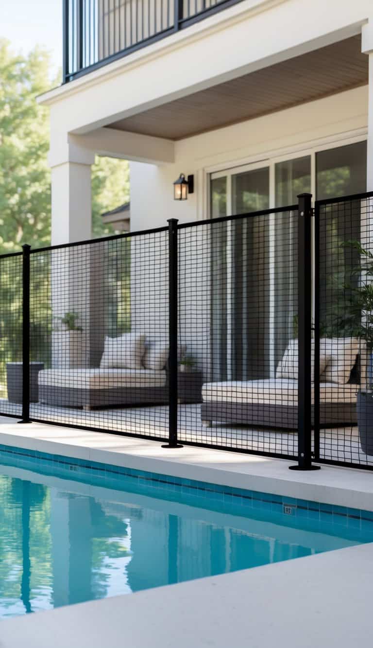 A modern patio with wicker sofas and cushions is enclosed by a black metal fence next to a swimming pool.