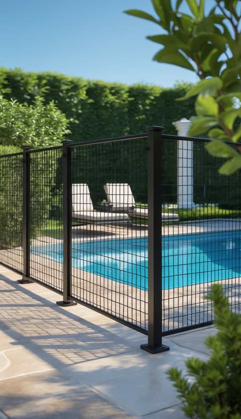 A swimming pool surrounded by a black safety fence, with two beige lounge chairs on a sunny patio, and lush green hedges in the background.