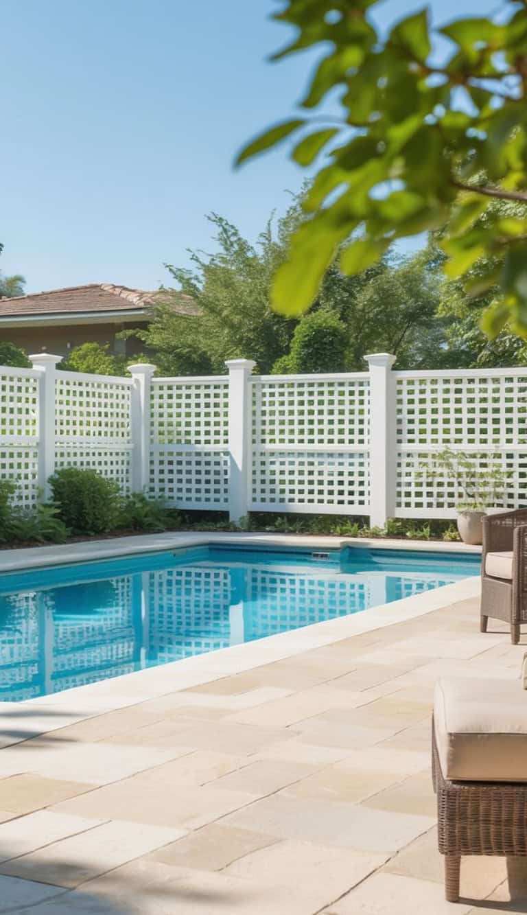 A backyard patio with a swimming pool, surrounded by a white lattice fence and greenery, with outdoor seating in the foreground and a clear blue sky above.