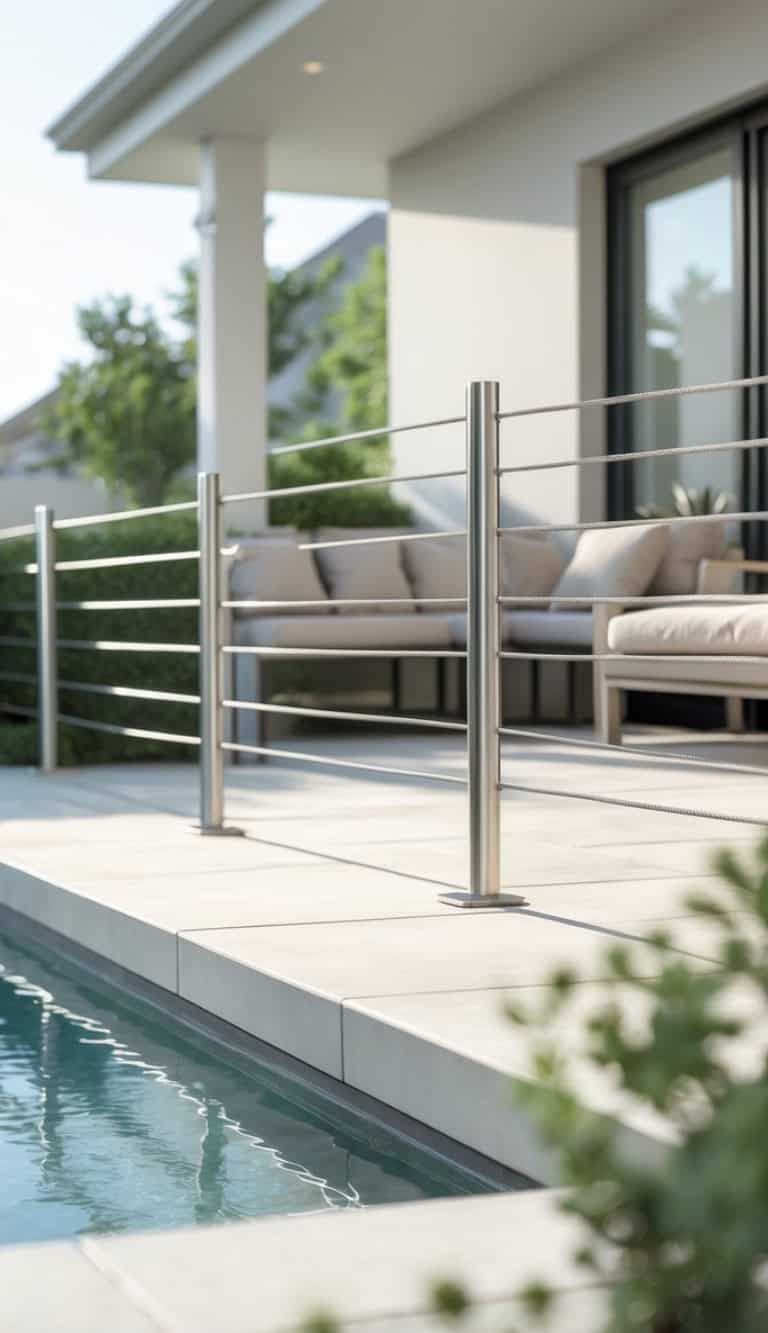 A modern outdoor patio with a metal railing, beige cushioned seating, and a small pool, surrounded by greenery and adjacent to a building with large windows.