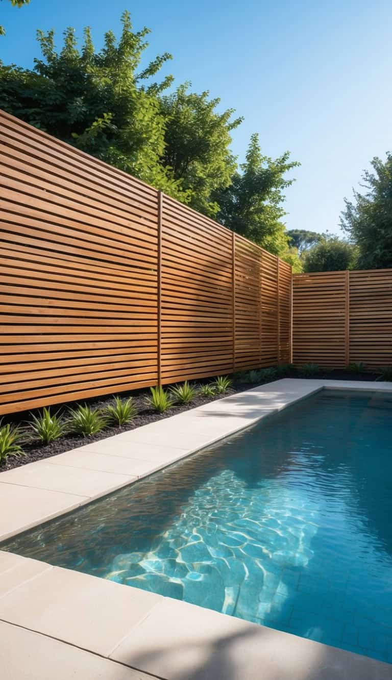 A swimming pool with clear blue water surrounded by a tiled deck and bordered by a tall wooden slat fence and neatly arranged shrubs, with trees visible in the background under a clear blue sky.