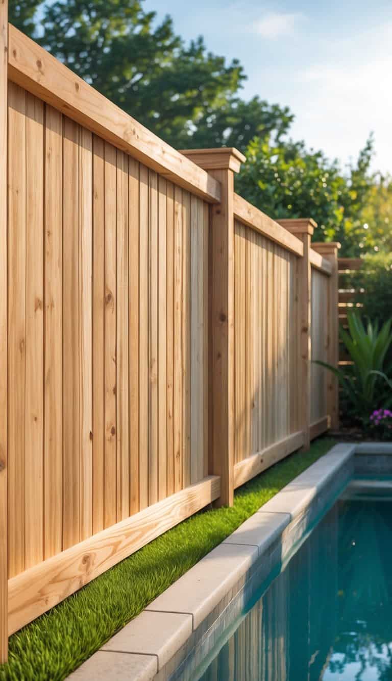 A wooden privacy fence beside a swimming pool with green grass along the base, under a clear blue sky.