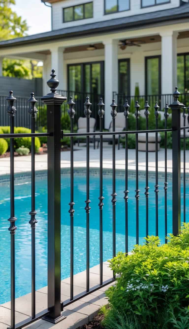 A black metal fence surrounds a swimming pool, with a modern house and patio furniture visible in the background.