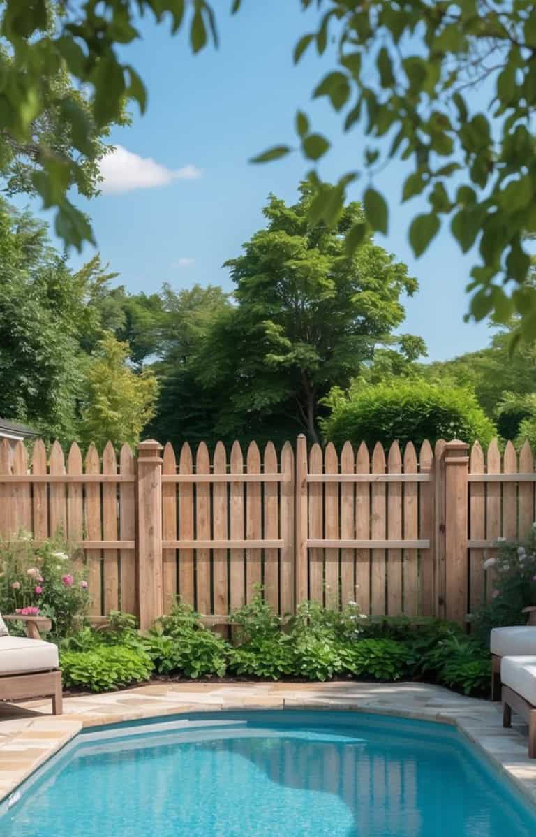 A backyard pool with clear blue water, surrounded by a stone patio and wooden lounge chairs, enclosed by a wooden picket fence and surrounded by lush greenery and trees.