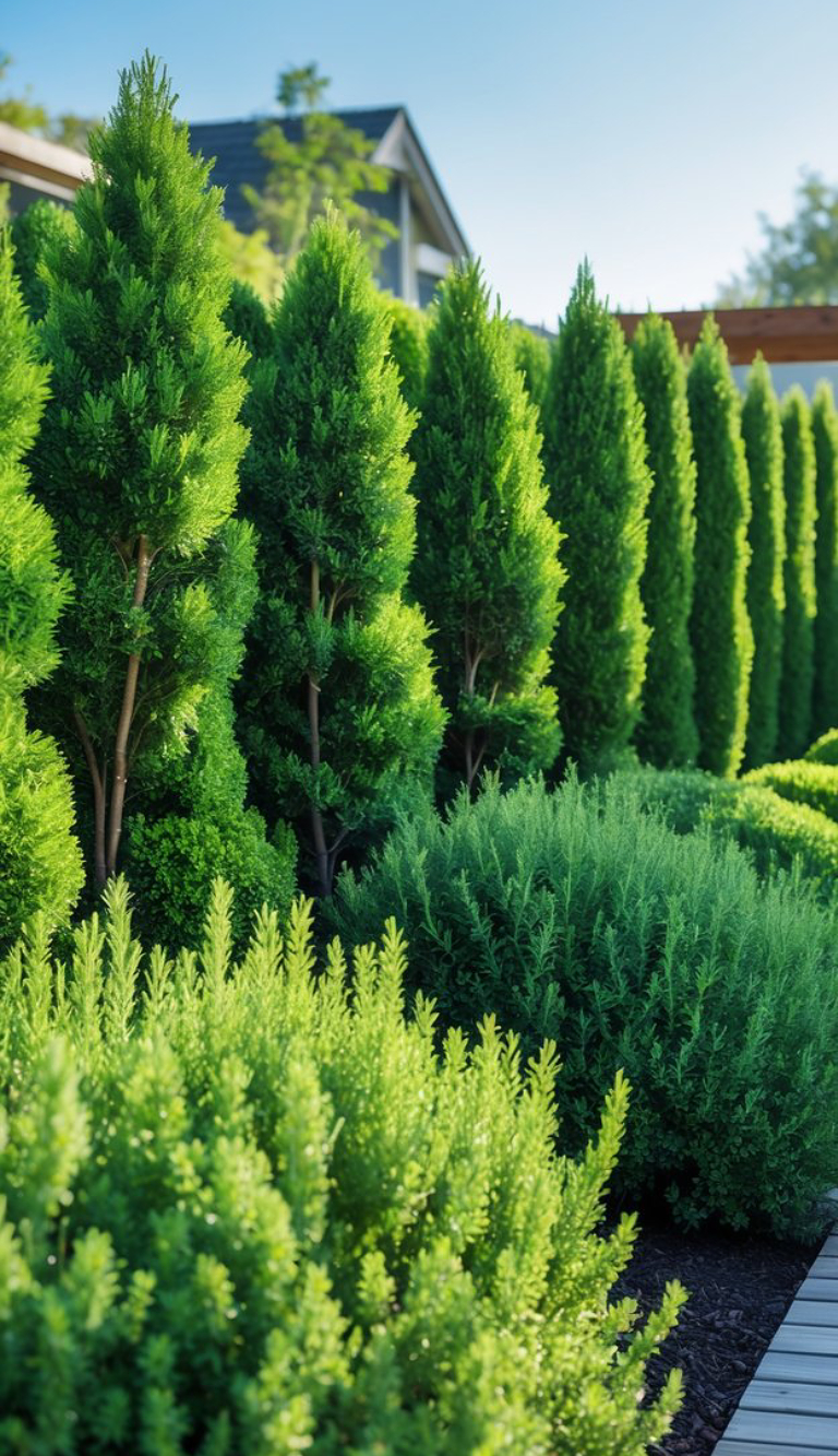 A neatly arranged row of lush, green coniferous trees lining a wooden pathway in a garden setting, with bright sunlight illuminating the scene.