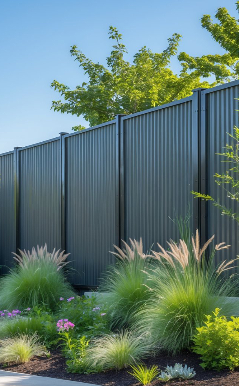 A modern gray metal fence borders a garden with tall ornamental grasses and pink flowers, under a blue sky and surrounded by green foliage.