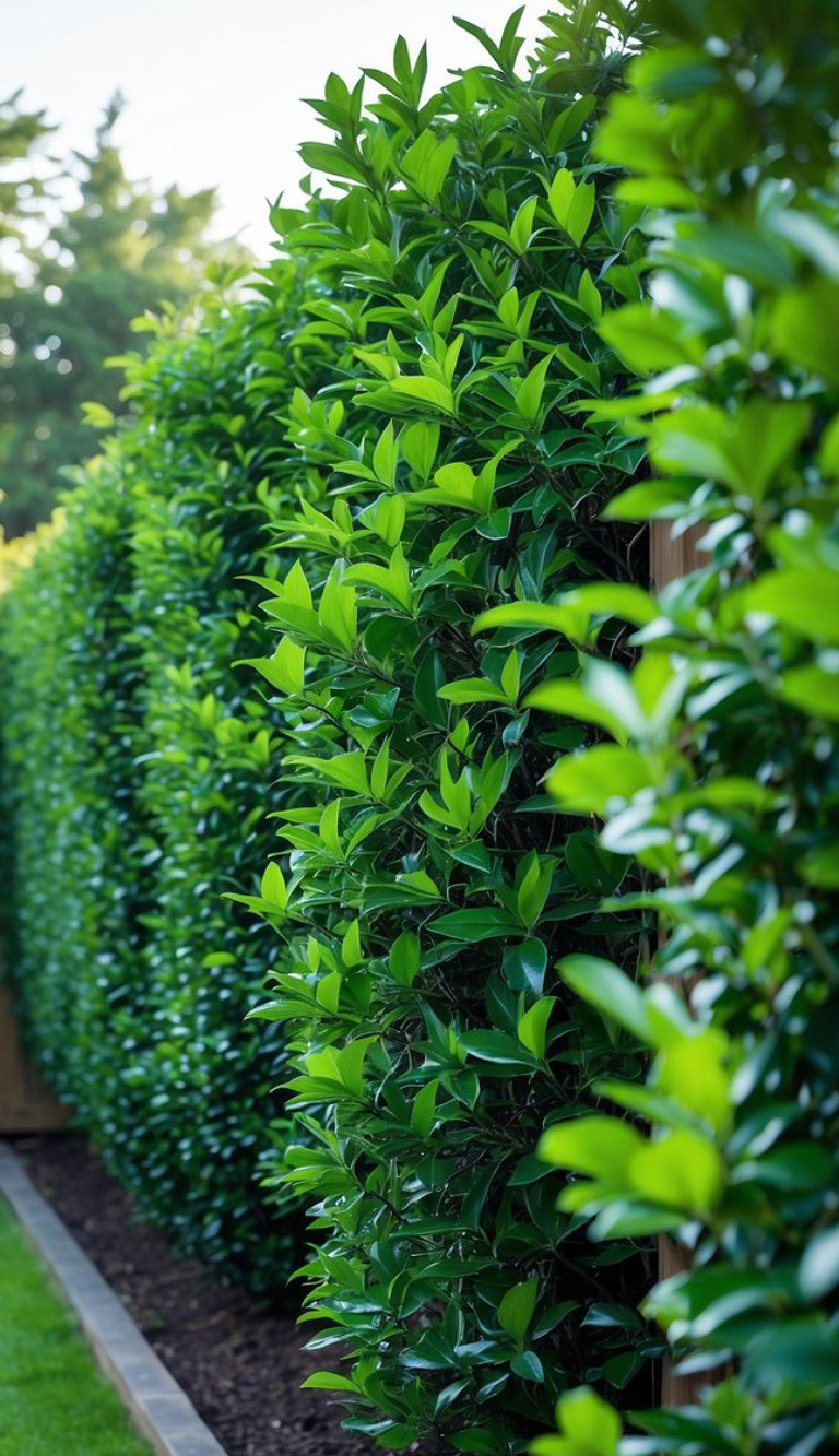 A well-maintained, lush green hedge lining a backyard garden pathway, with sunlight illuminating the vibrant leaves.