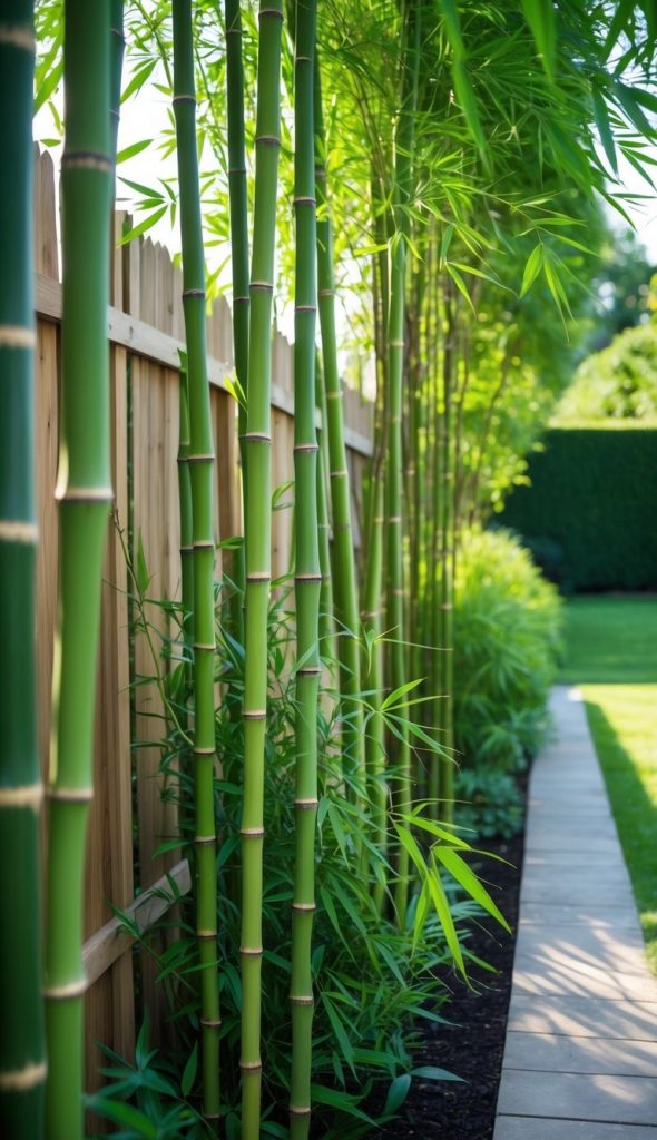 A row of green bamboo plants growing next to a wooden fence in a garden, with a stone walkway leading into a grassy lawn and more foliage in the background.