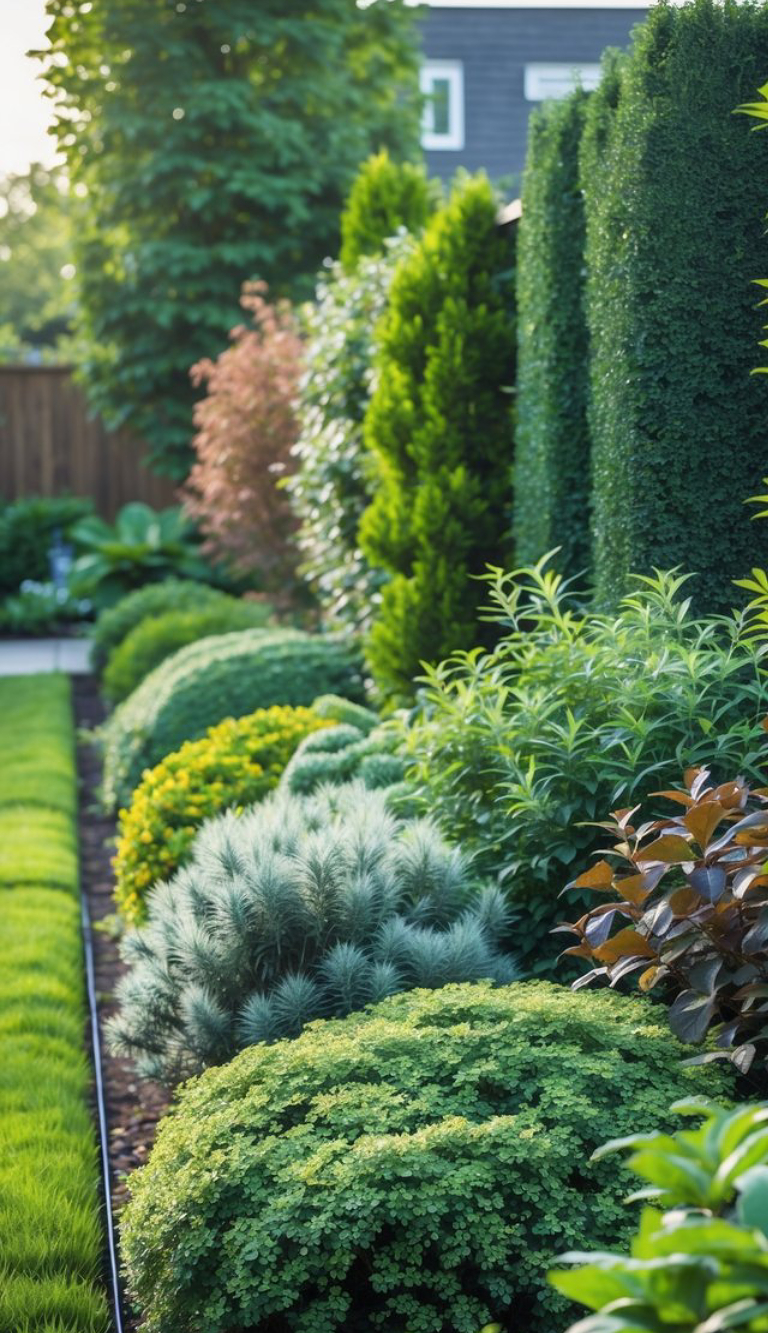 Lush, well-manicured garden featuring a variety of green shrubs and bushes arranged in a row, with tall evergreen hedges in the background and a wooden fence enclosing the garden.