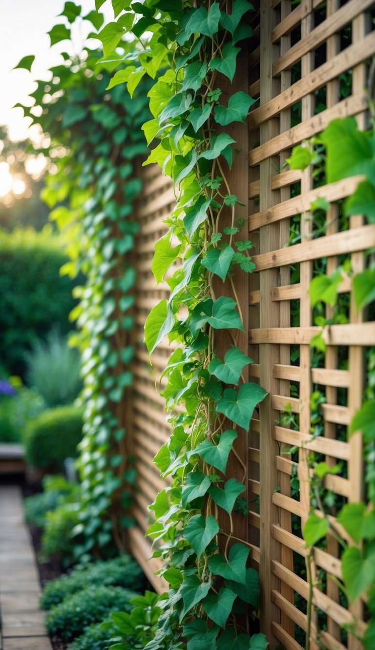 Green climbing plants growing on a wooden trellis in a garden setting.