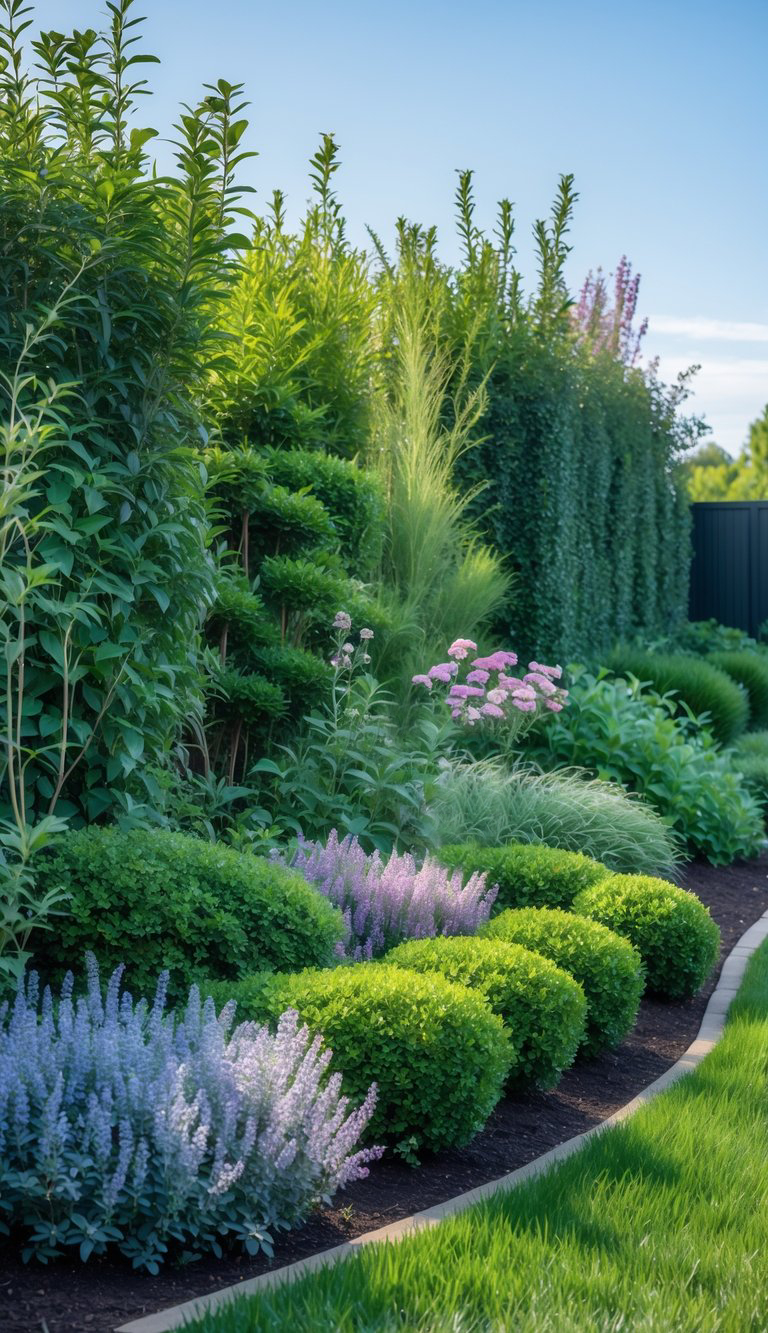 A lush garden with neatly trimmed green bushes, purple flowers, and tall plants under a clear blue sky.