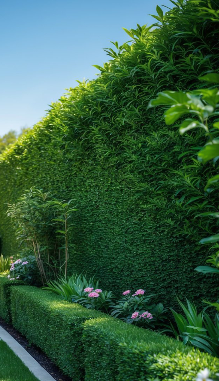 A neatly trimmed green hedge with pink flowers at its base, set against a clear blue sky.
