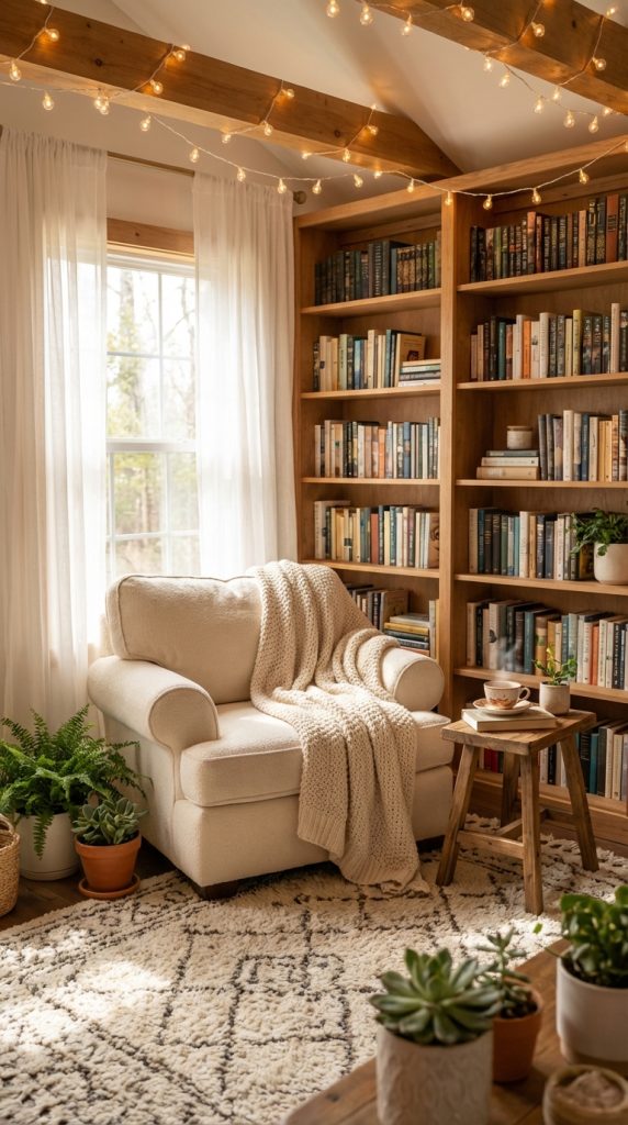 Cozy she shed idea with built-in wooden bookshelves, vaulted ceiling beams, string lights, and a comfortable reading chair.