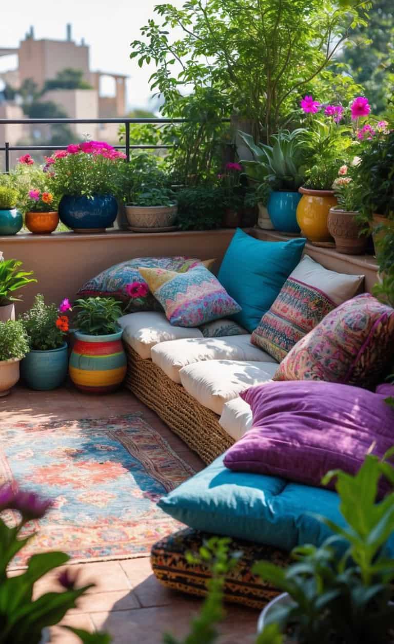 A terrace garden with layered cushions, woven textures, and bright potted blooms