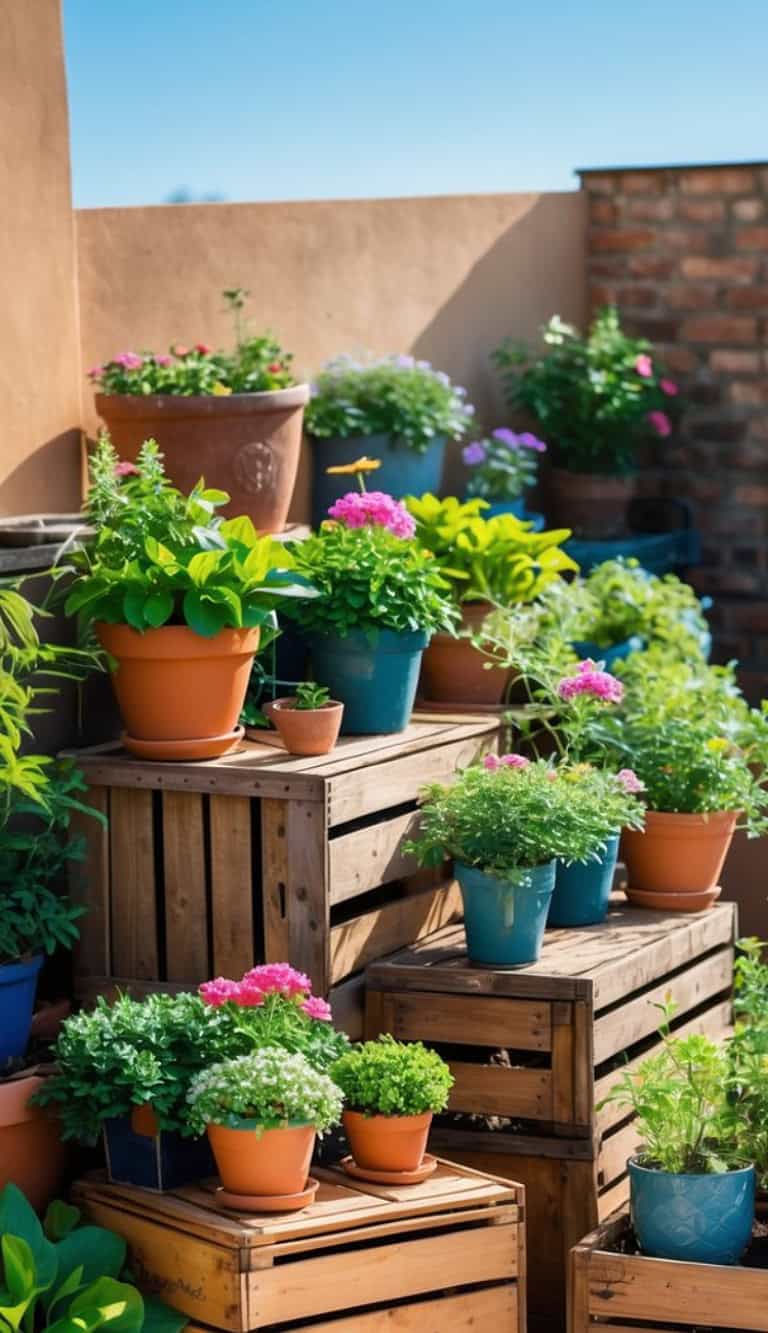 A terrace garden with potted leafy plants and flowers on stacked wooden crates