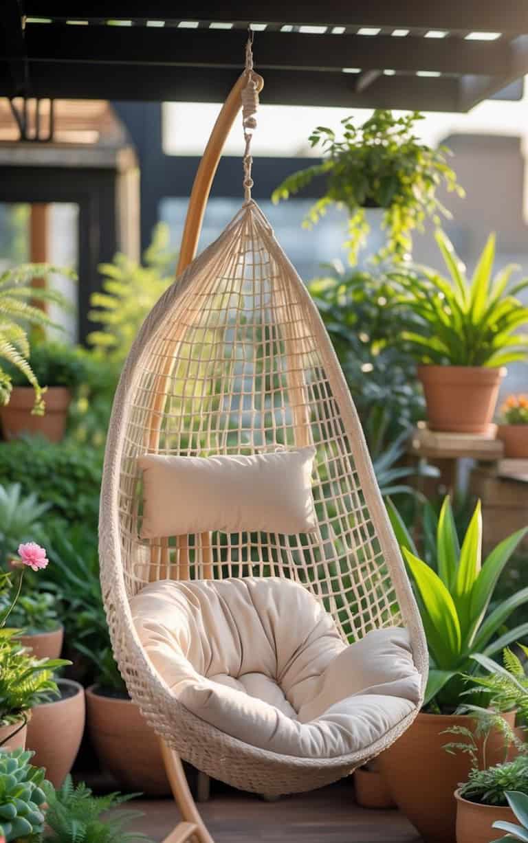 A terrace garden with lush plants and a hanging chair