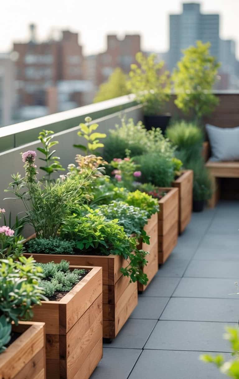 Wooden planter boxes offer structure and warmth as they line the edge of a terrace garden