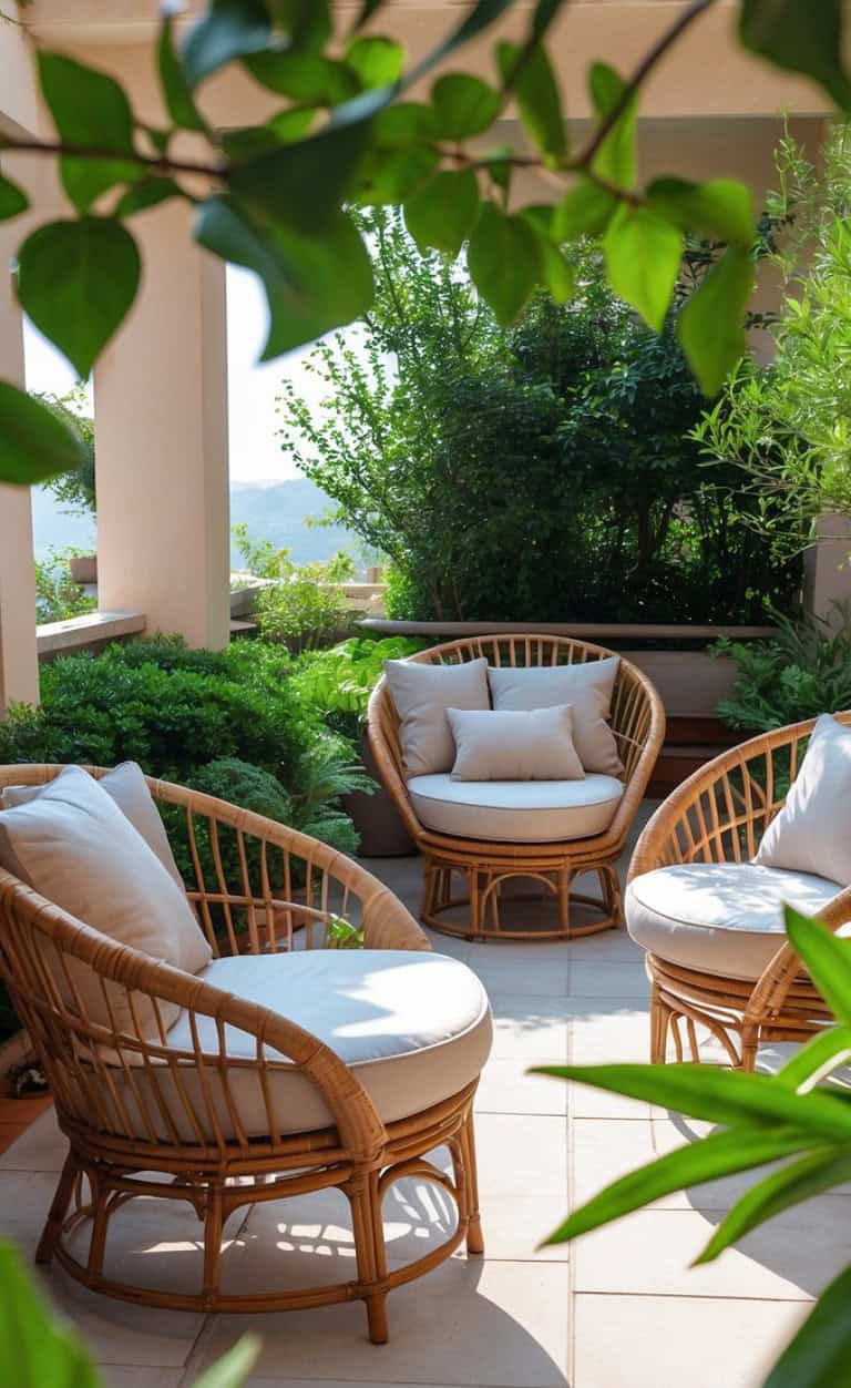 A terrace garden with rattan chairs featuring soft cushions and leafy greenery